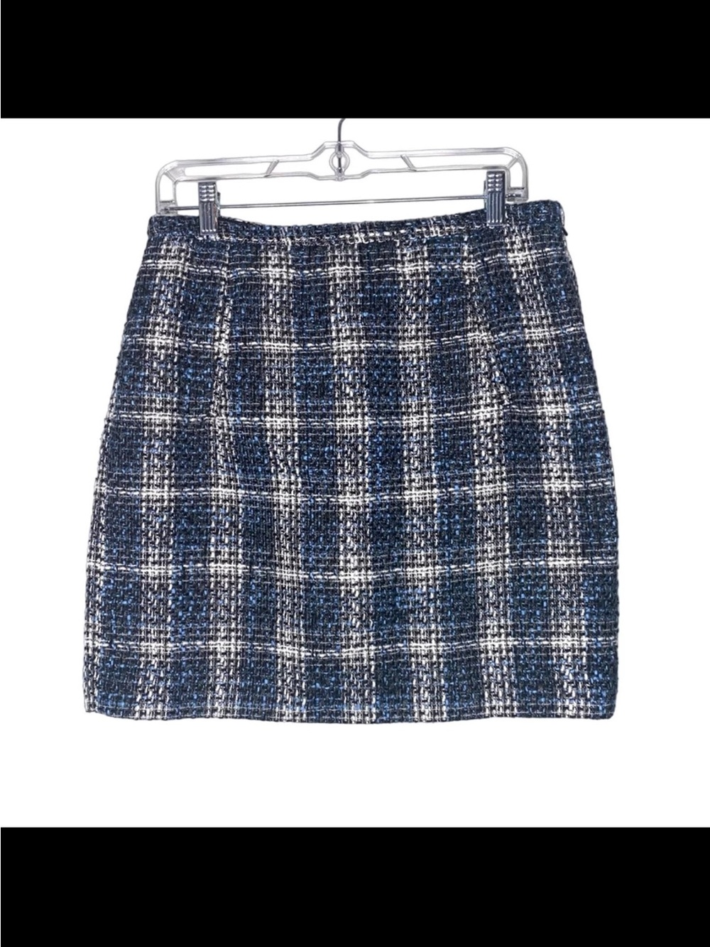 LOFT Black White & Blue Plaid Tweed Mini Skirt